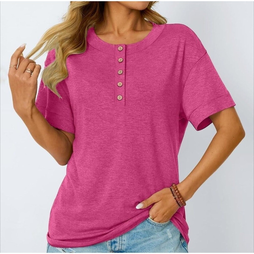 Allstate Land Womens Large Fuchsia Henley 1/2 Button Neck Pullover Top Shirt New